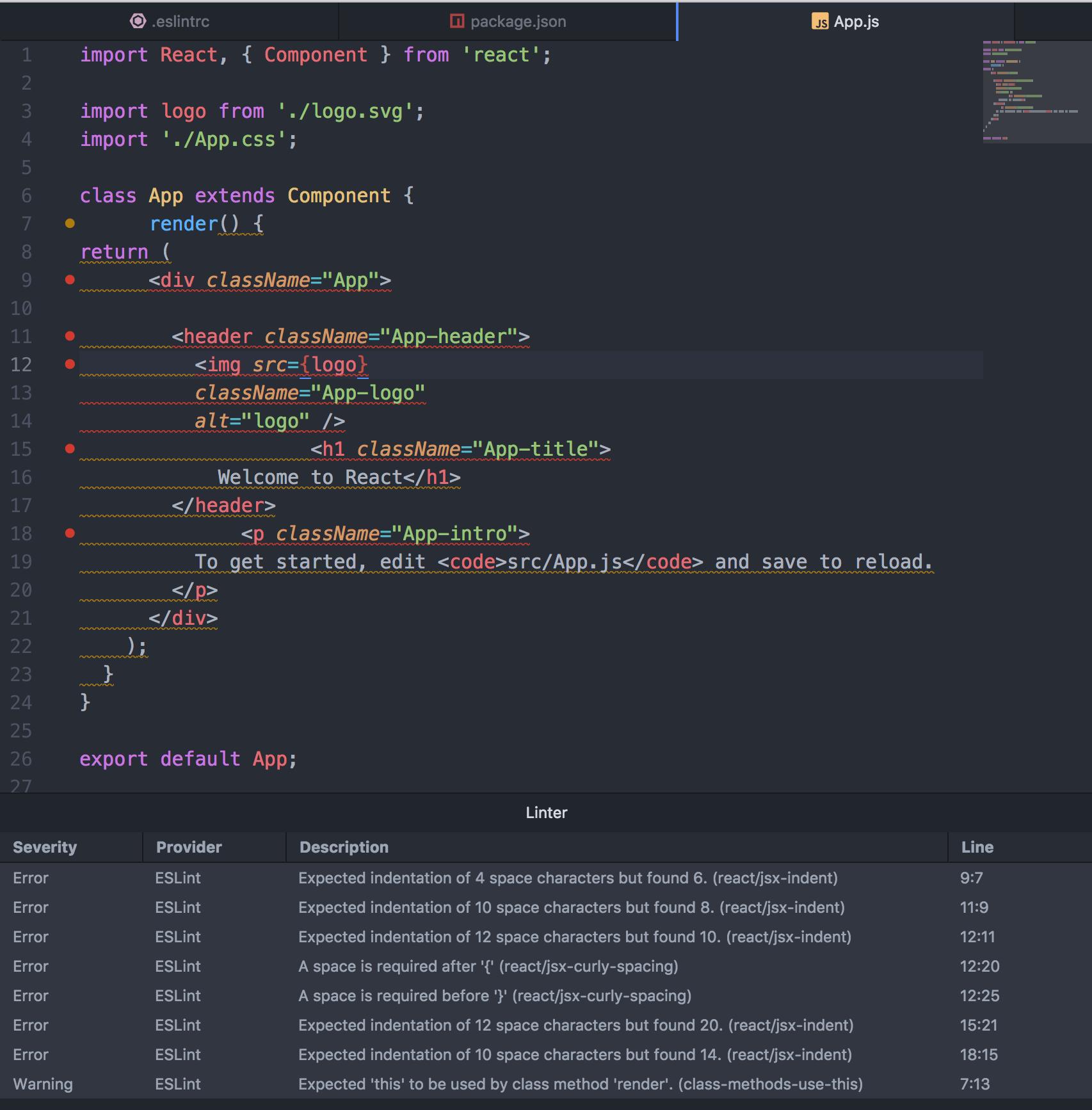 Screenshot of previous code example with ESLint rules indicating errors in the code editor.