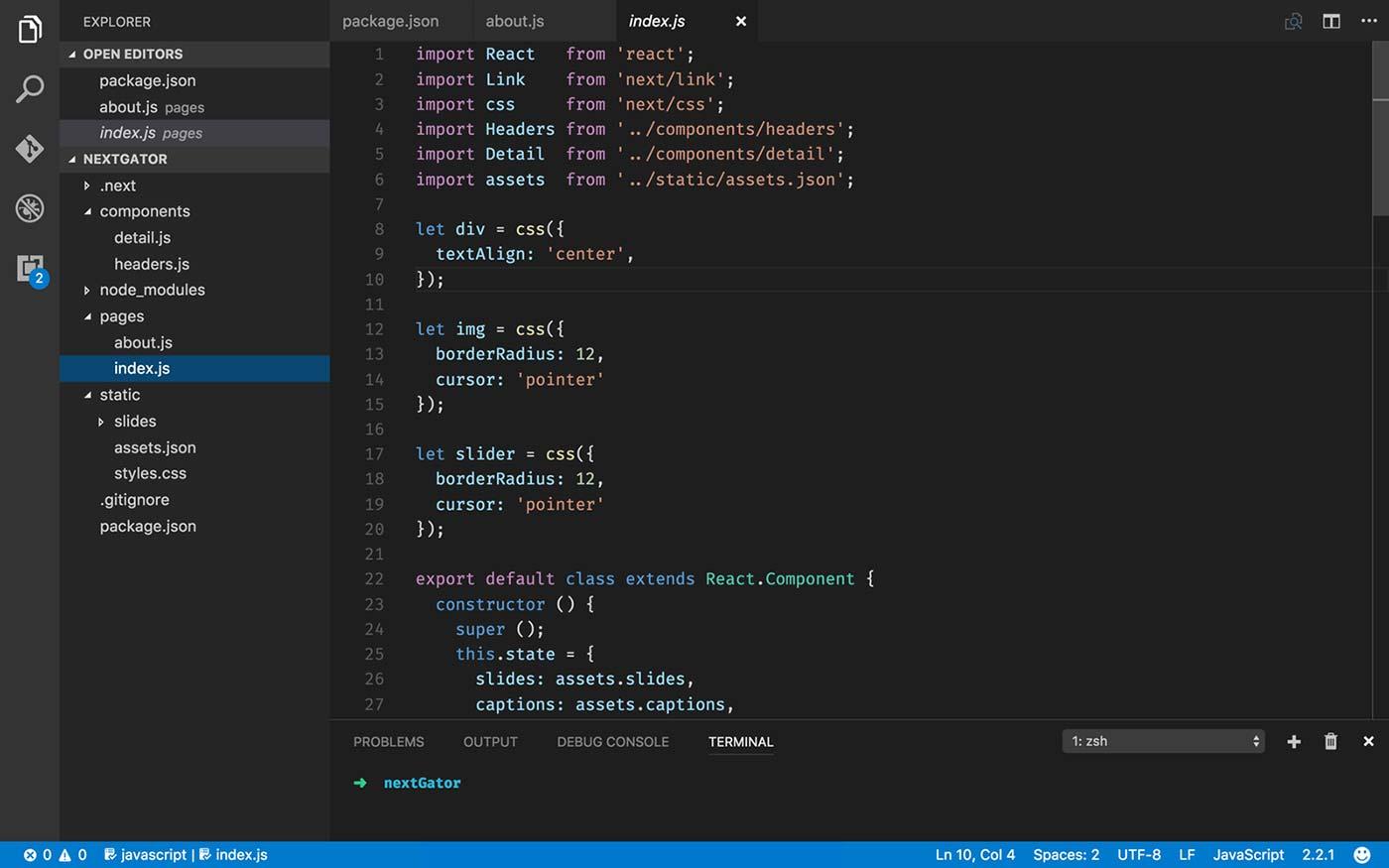 A sample directory view with a glimpse of the index script.