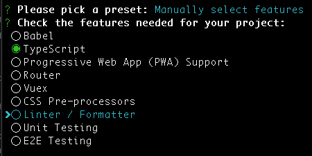 Screenshot of Vue CLI prompts for picking a preset and adding TypeScript