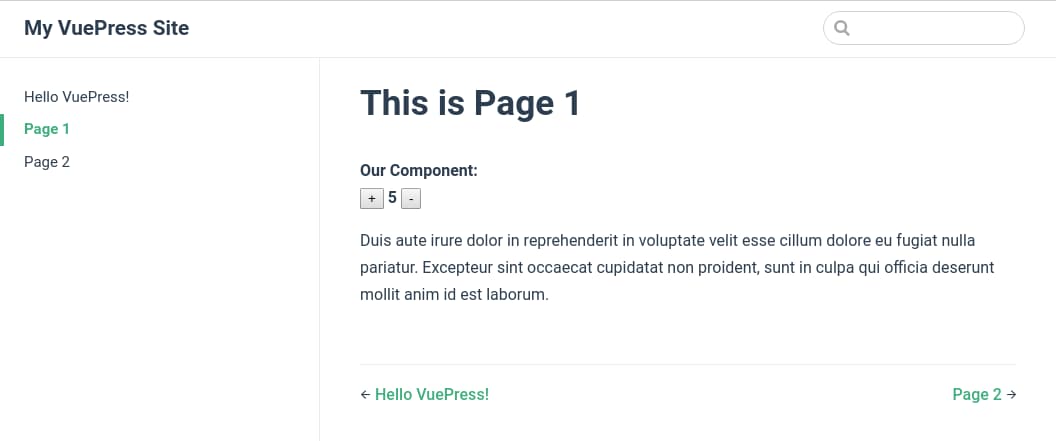 A VuePress post with an embedded Vue component. The sidebar and navbar are enabled.