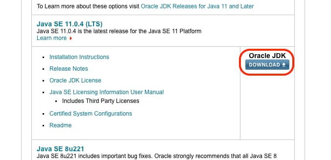 a screenshot showing the location of the Oracle JDK download button