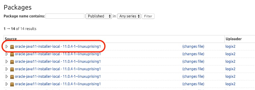 a screenshot of the linuxuprising java installer package list