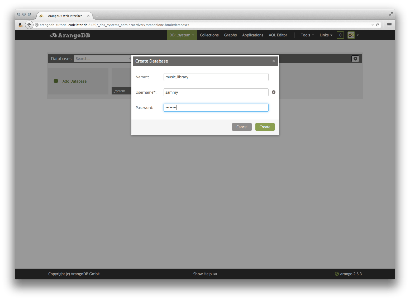 Create a new DB in the web interface