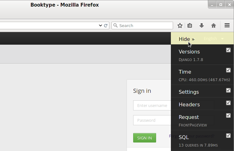 The Django debug toolbar can be hidden from view by clicking on it