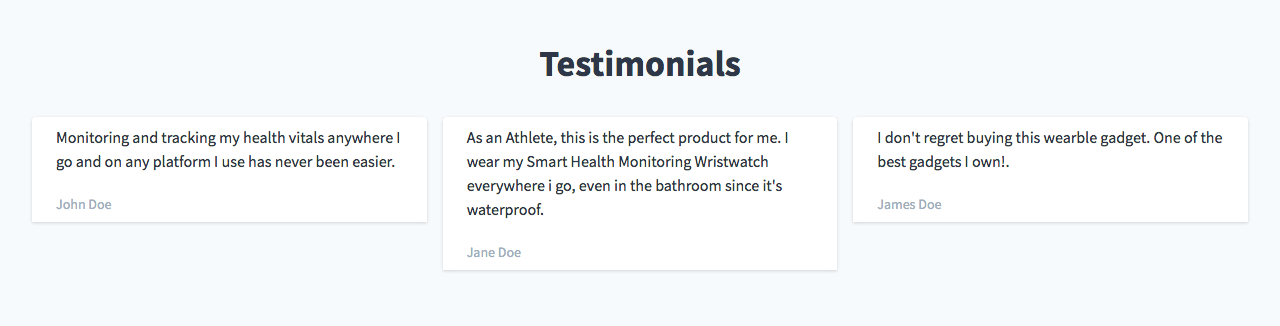 Image of Testimonials section, with three customer testimonials