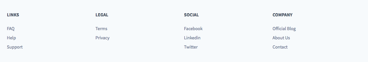 An image of the footer, linking to various other parts of the website
