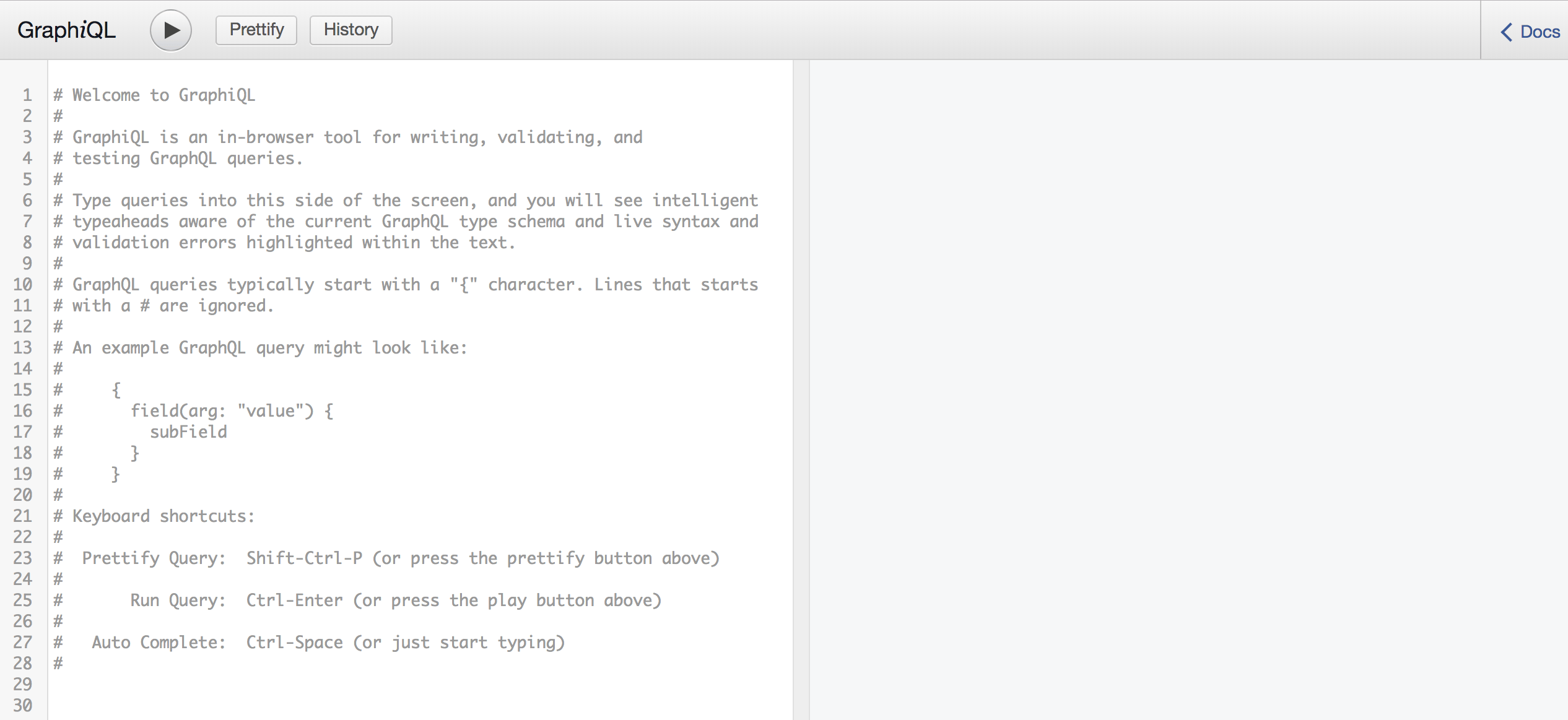 The initial screen for the GraphiQL playground