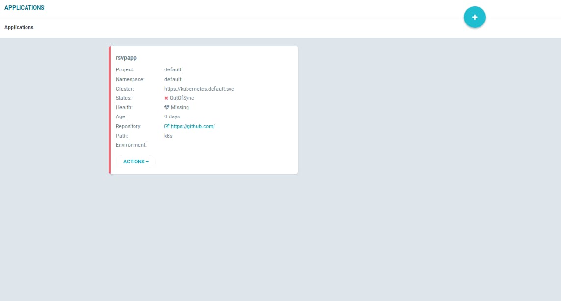 Argo CD APPLICATIONS Page with rsvpapp