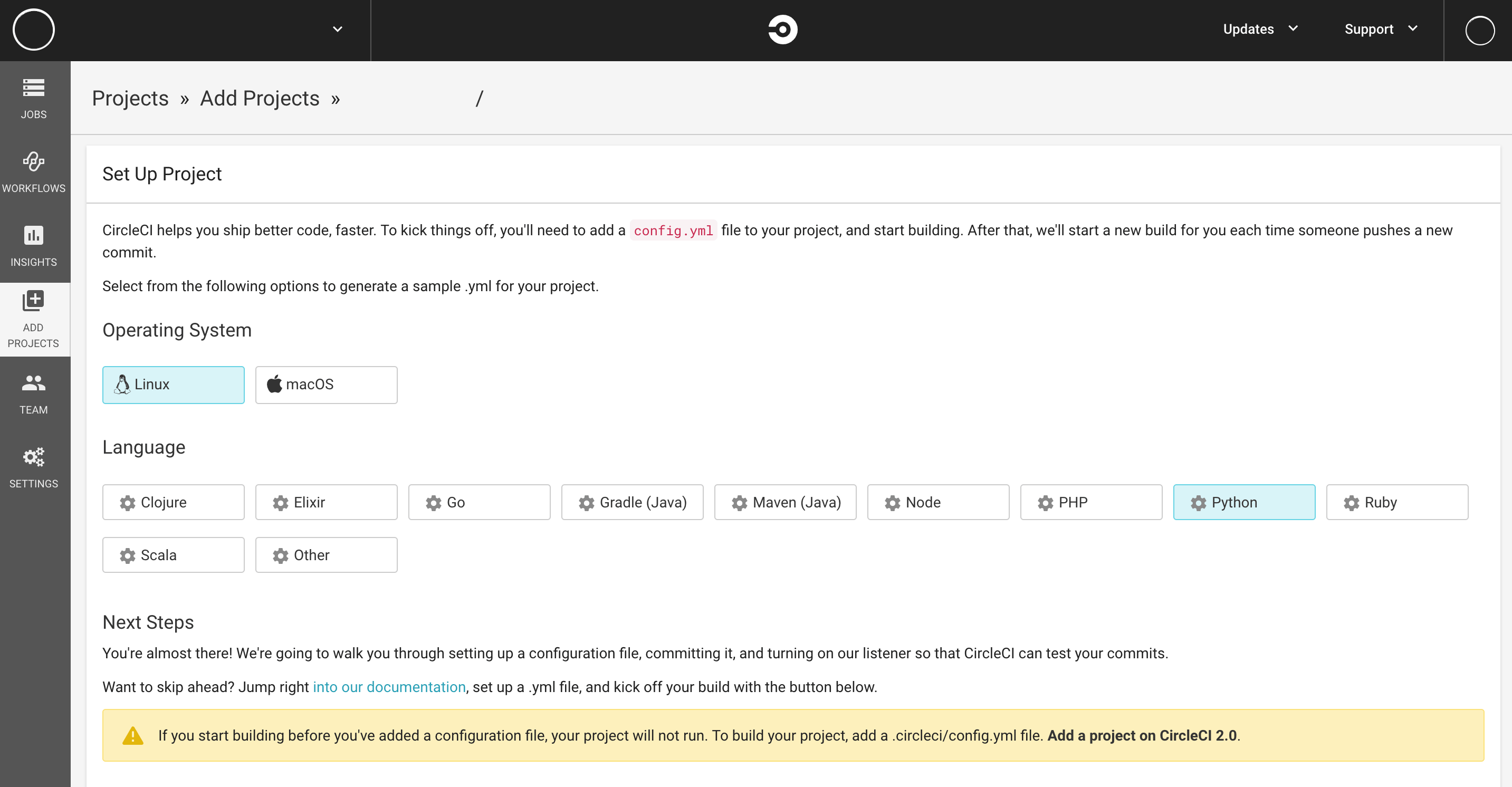 Set Up Project Screen for CircleCI