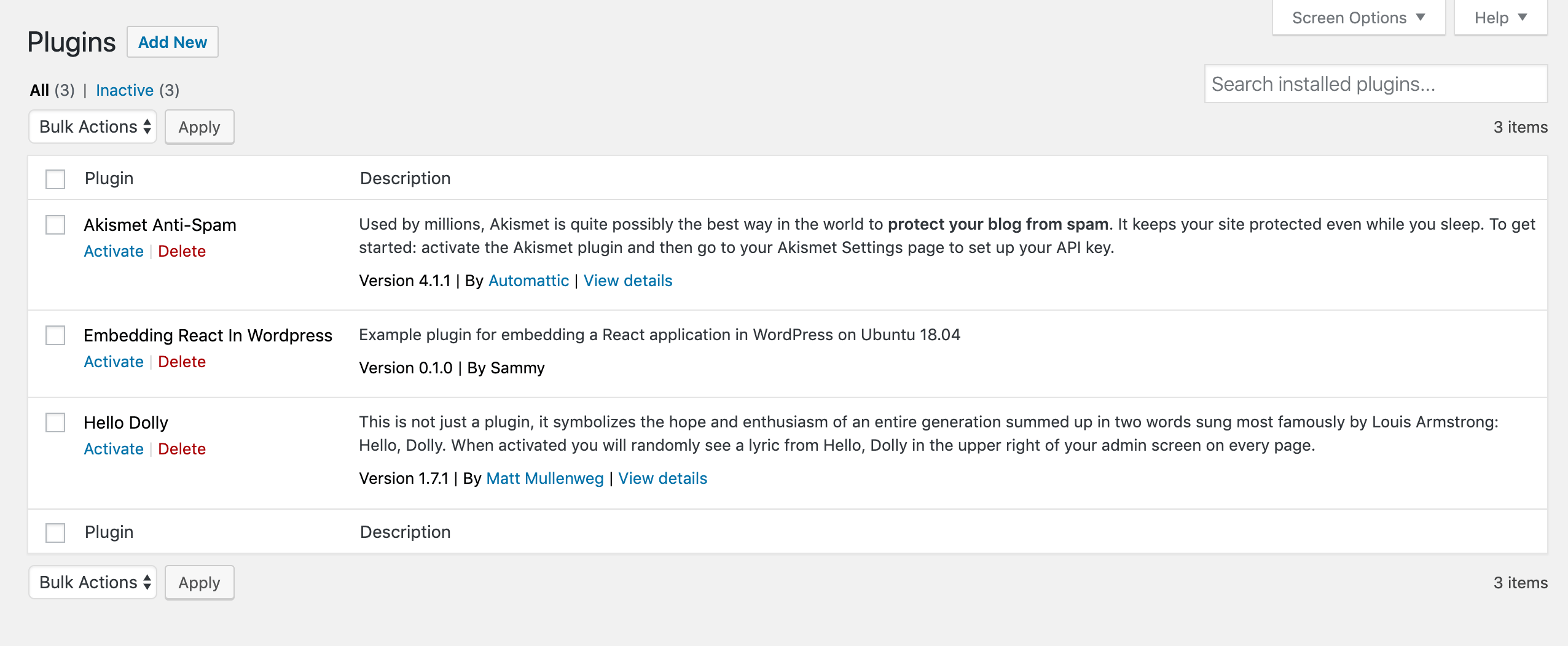 WP Admin Plugins Page