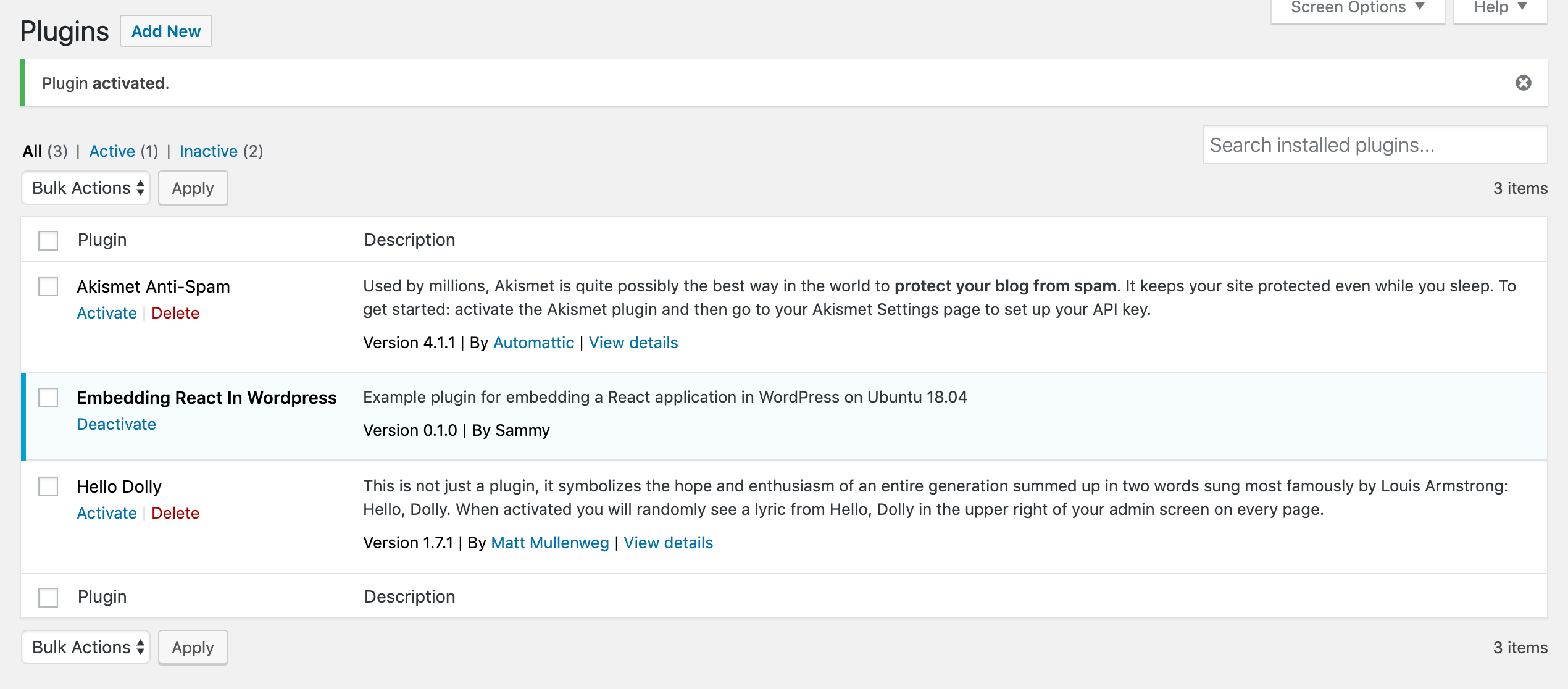 WP Admin Plugins Page After Plugin Activation