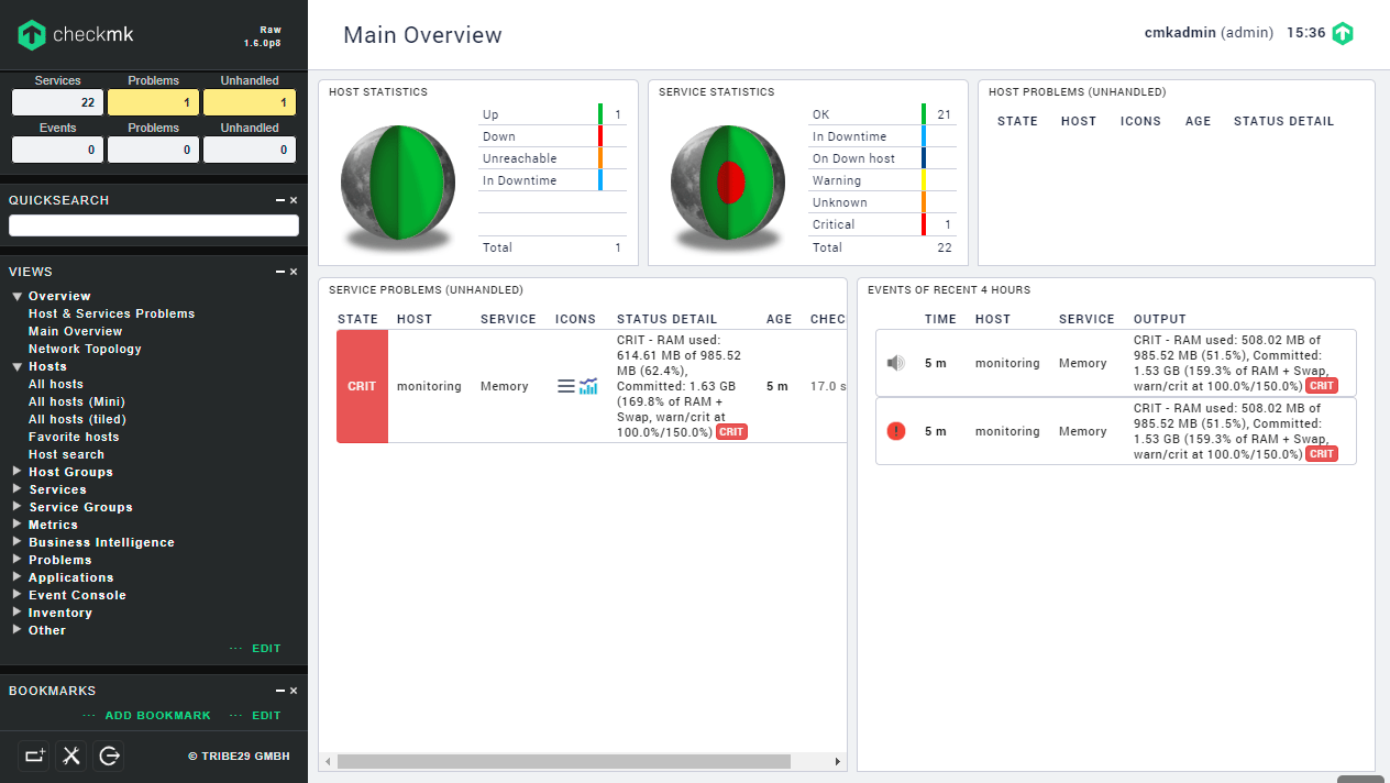 Dashboard with one host having problems