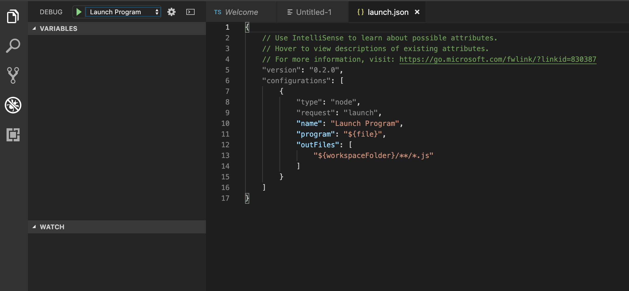 Представление отладчика с открытым файлом launch.json