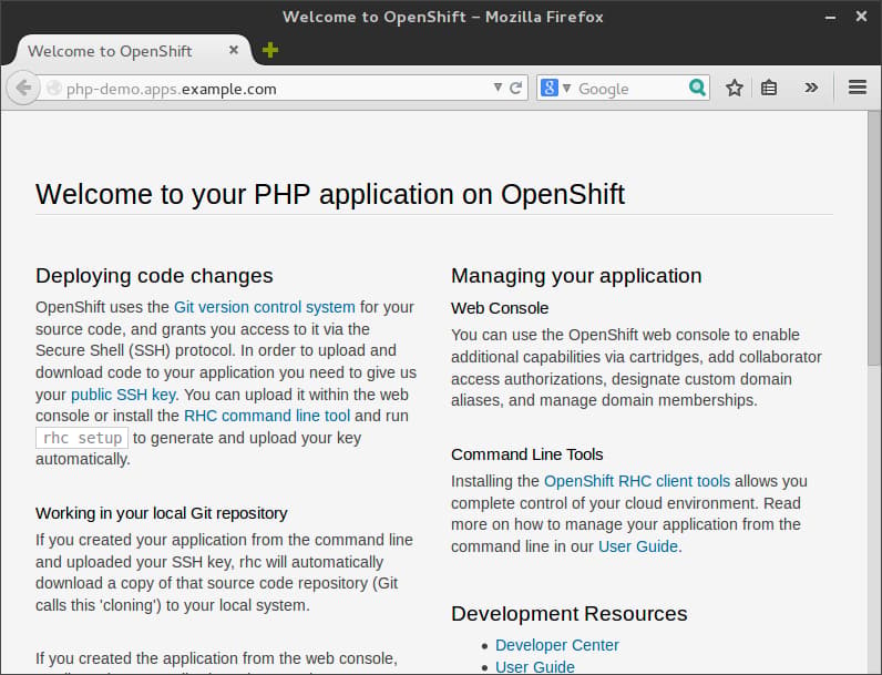 PHP application default page