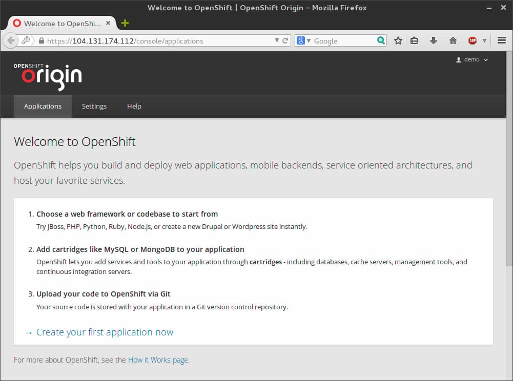 OpenShift welcome page