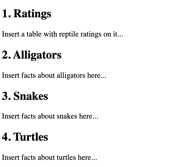Example HTML with snake section and turtle section switched