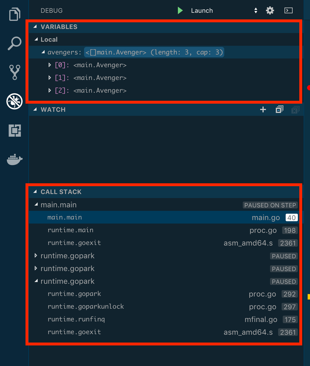 Debug section showing breakpoint state