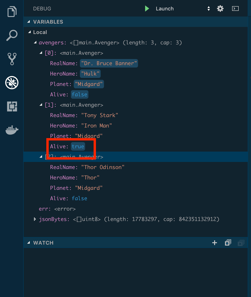 Debug view showing Tony Stark is still alive