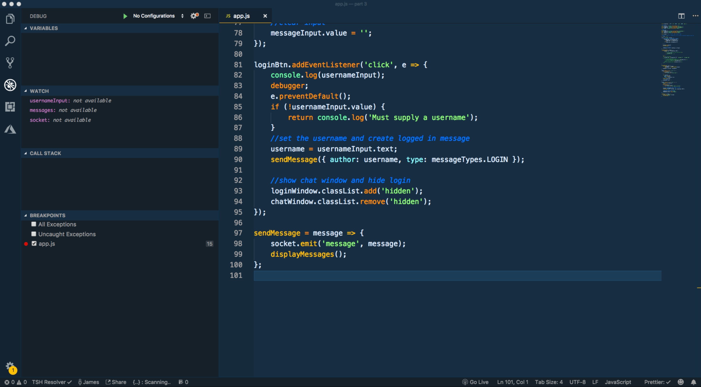 Variables, watch, call stack, and breakpoint tabs from Chrome DevTools rendered in Visual Studio Code