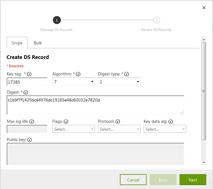 Enter the Key tag, Algorithm, Digest type, and Digest for the first DS record.