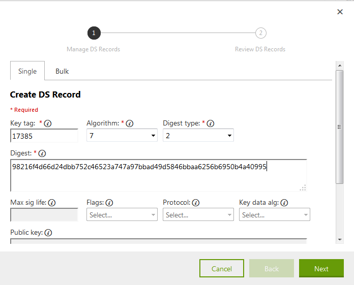 Enter the Key tag, Algorithm, Digest type, and Digest for the second DS record.