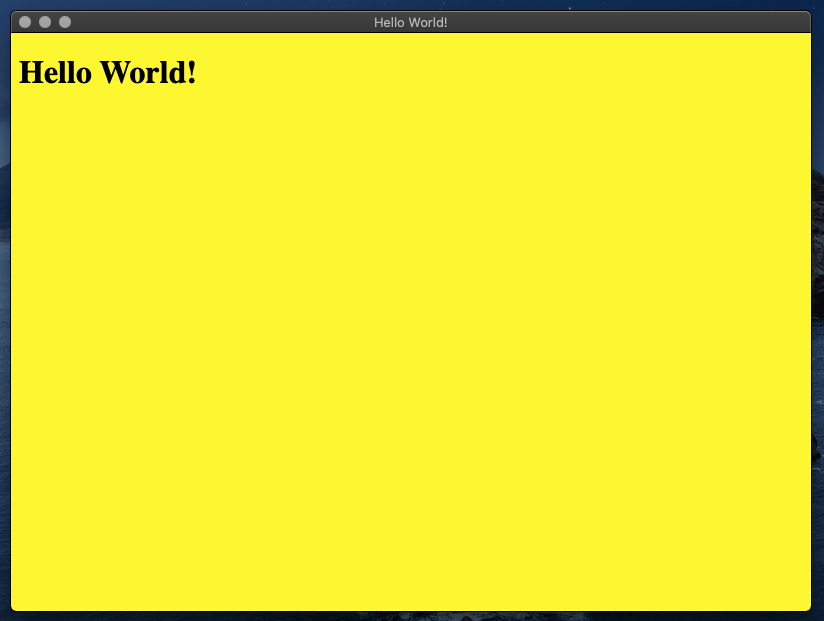 Hello world printed output window with the background color of yellow