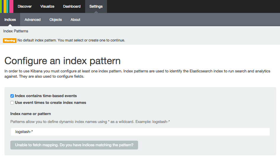 Warning: No default index pattern. You must select or create one to continue.