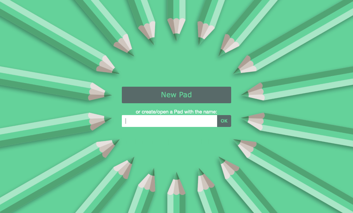 The default homepage of an Etherpad instance, with a button for "New Pad" and a text box for creating a named pad