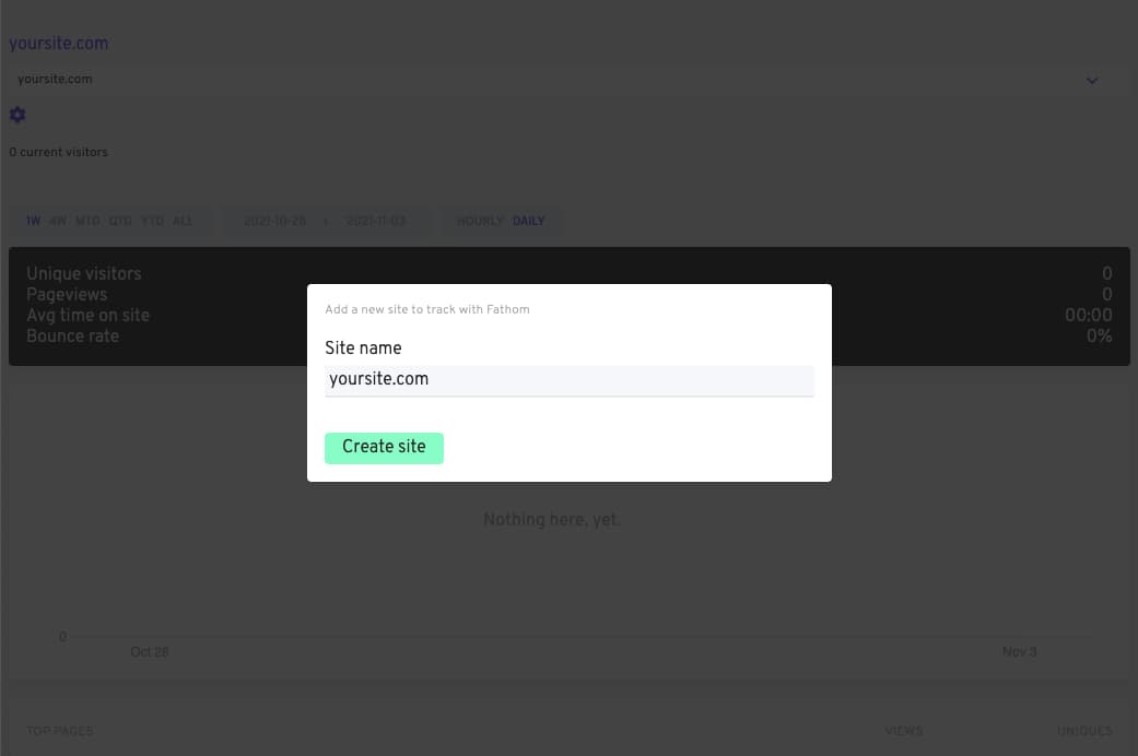 A screenshot of the Fathom initial setup workflow, asking for the domain of your website
