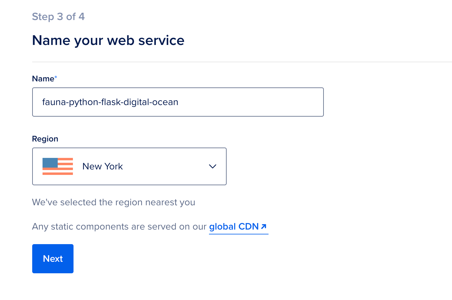 Configuring the name of the app and deploy region