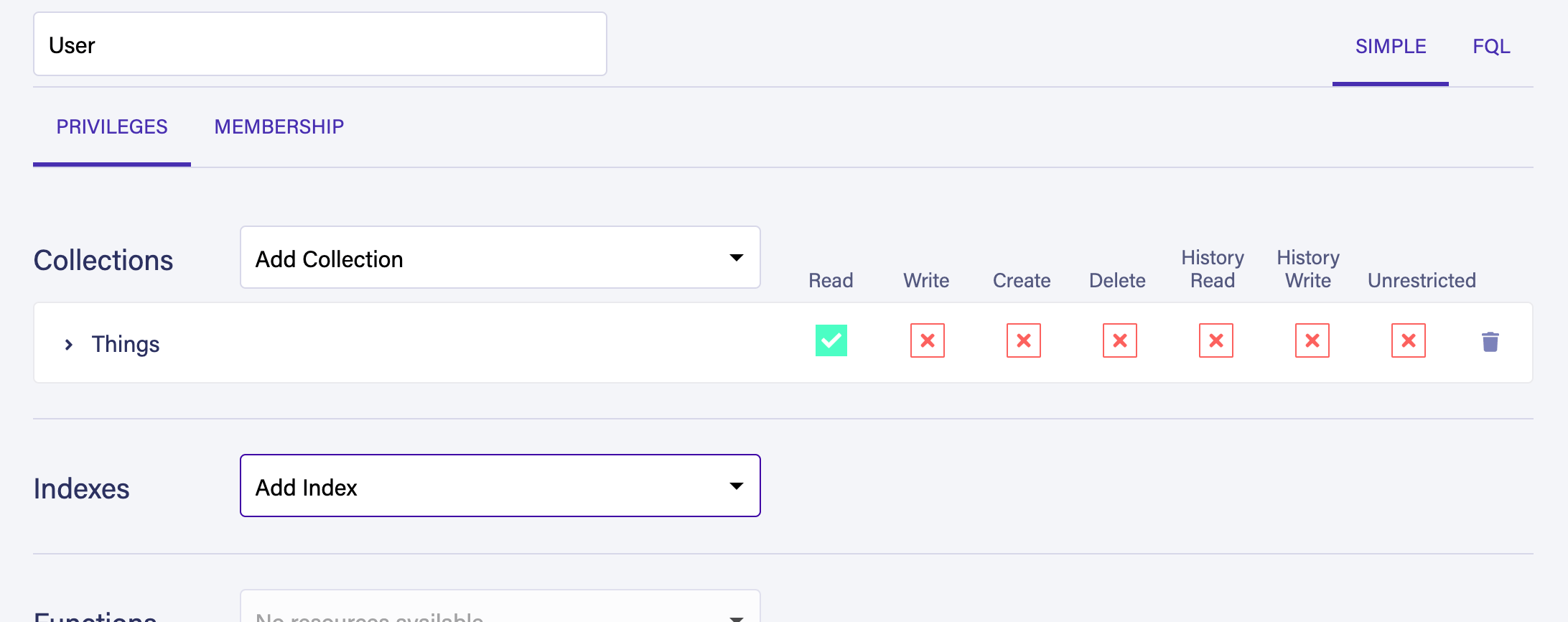 Configuring the permissions of a Fauna role