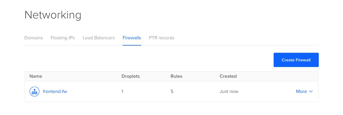 Firewall summary with the frontend rule listed