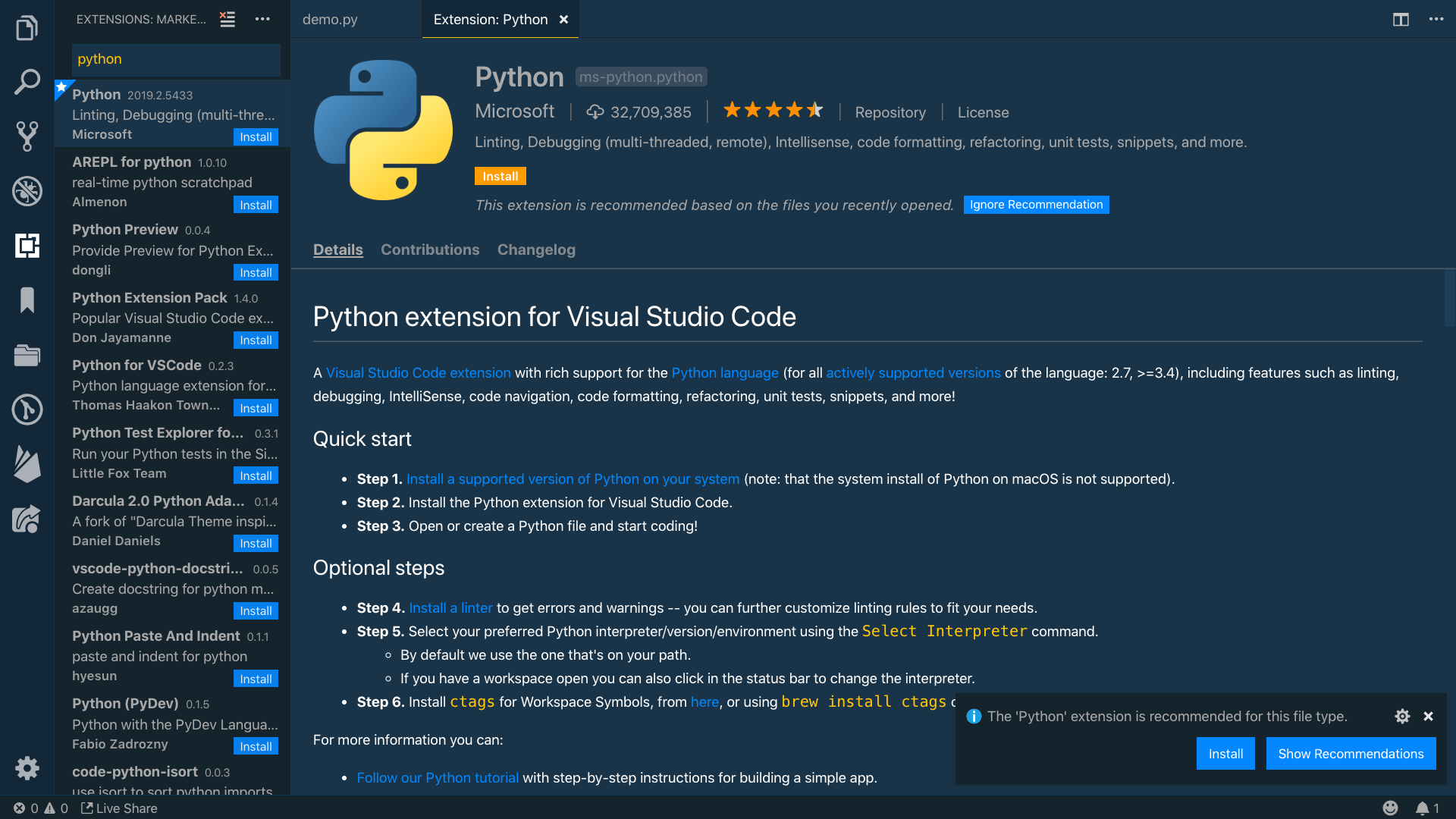 Python extension search and Python extension main page for installation