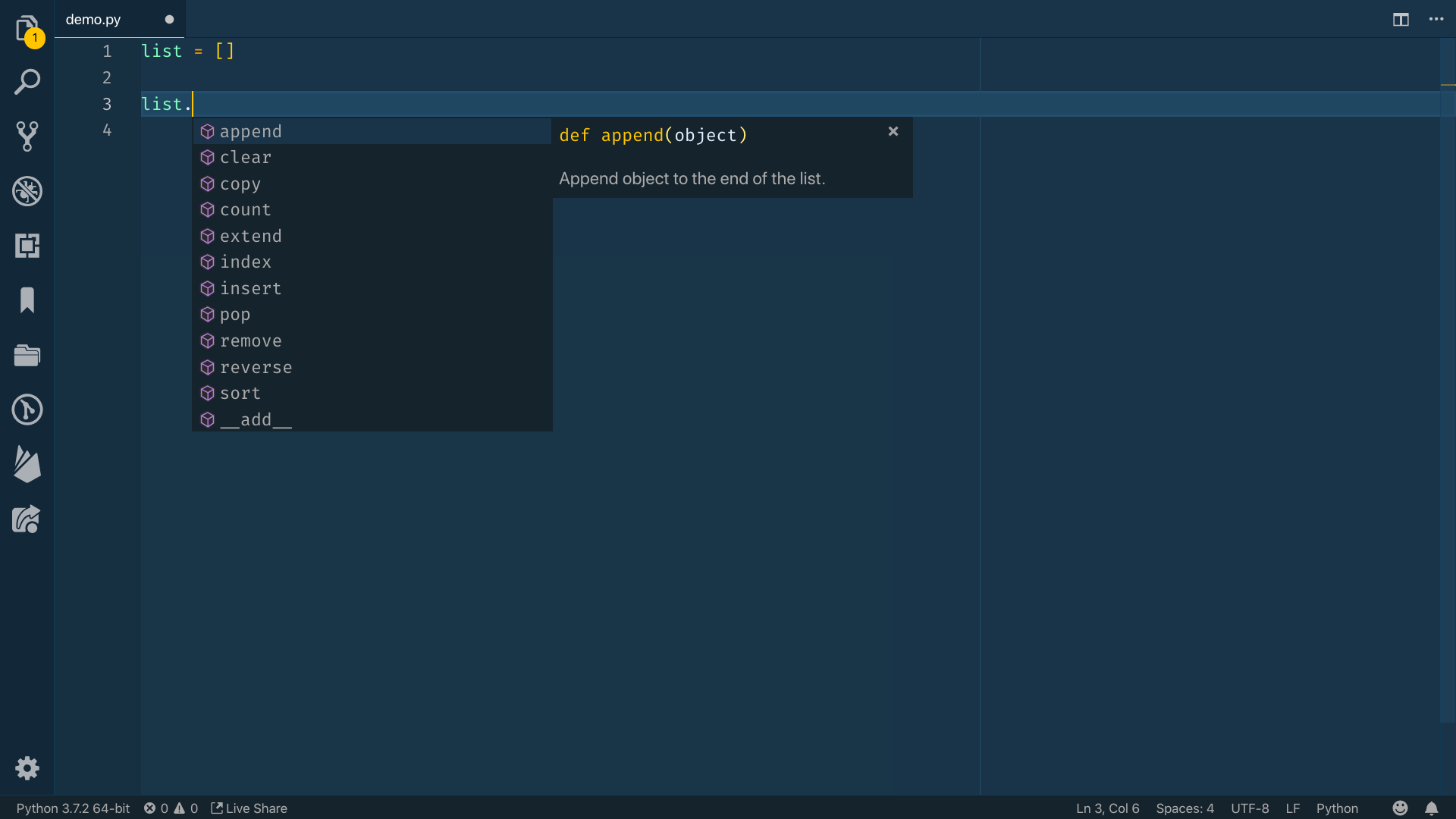 the list array and the "list." added into the editor