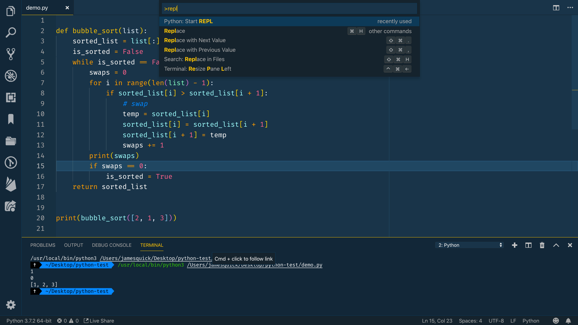Python Start REPL selected in the command palette