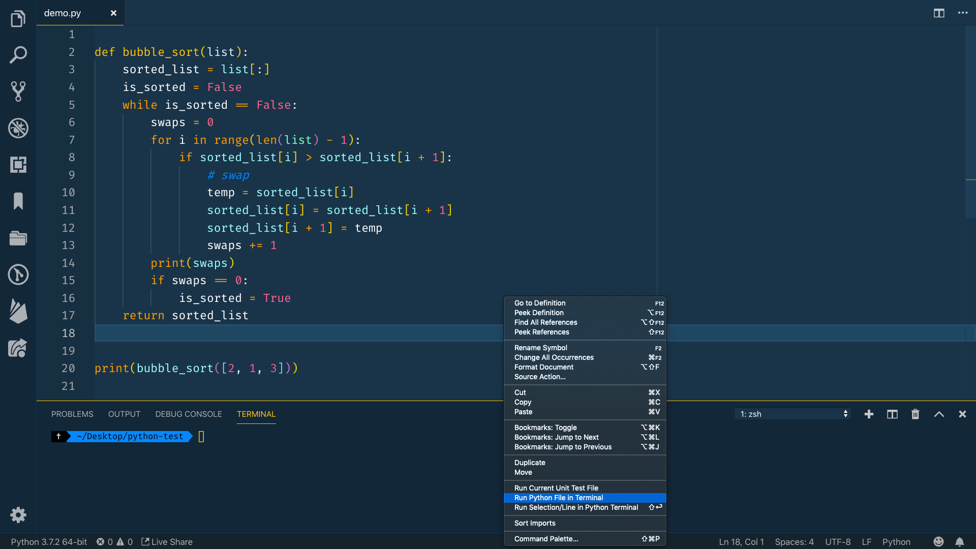algorithm in the editor with menu up and Run Python File In Terminal selected