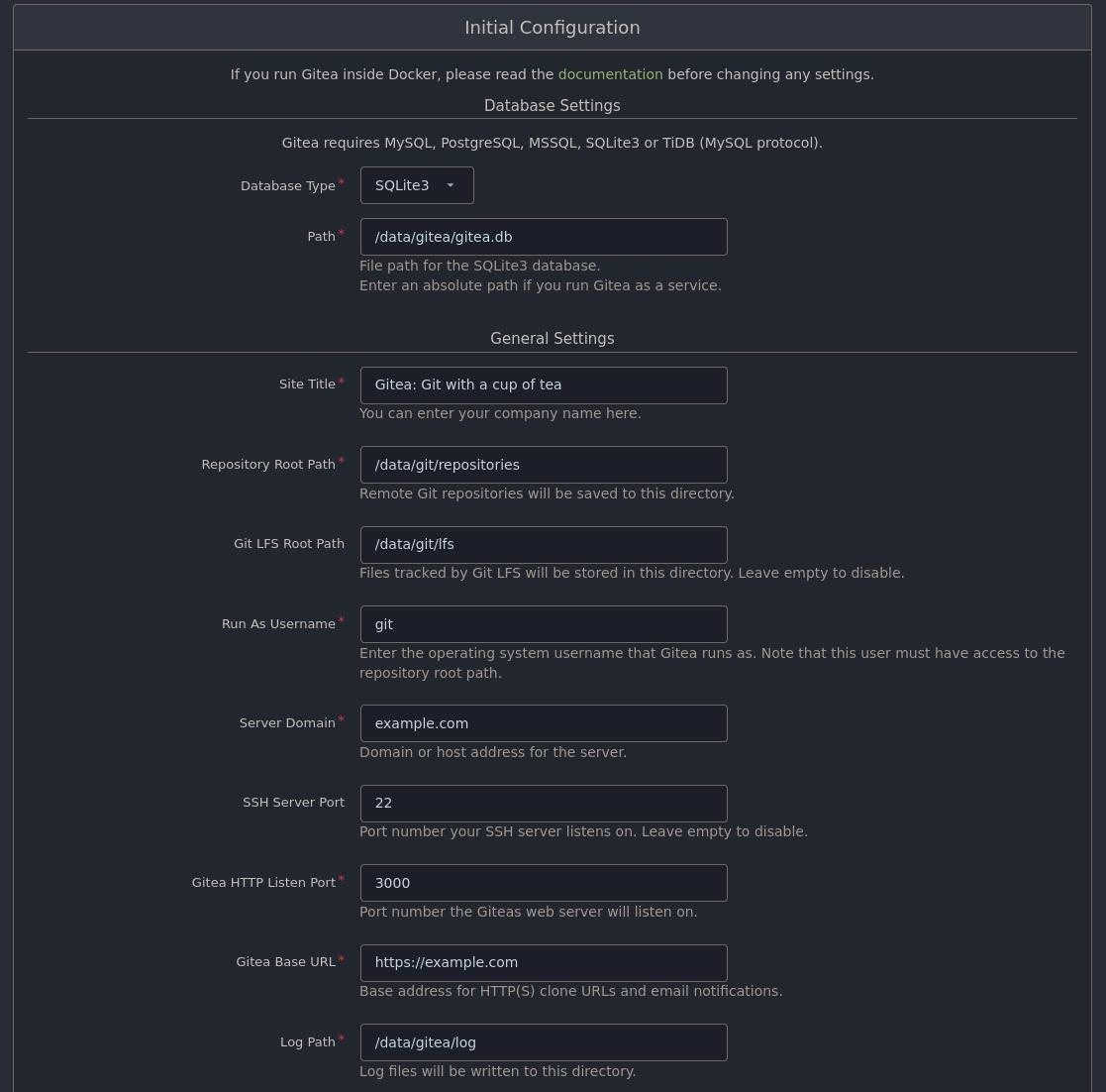Gitea setup screen