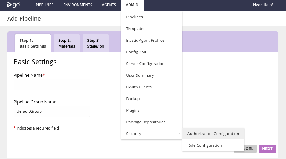 Select authorization config menu