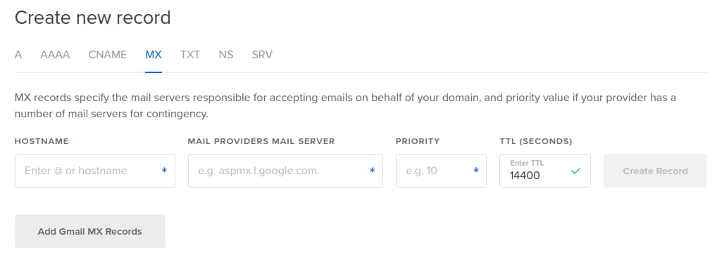 Add Gmail MX Records