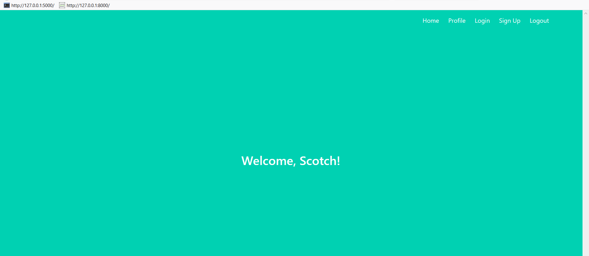 User welcome page with the name of the currently logged-in user