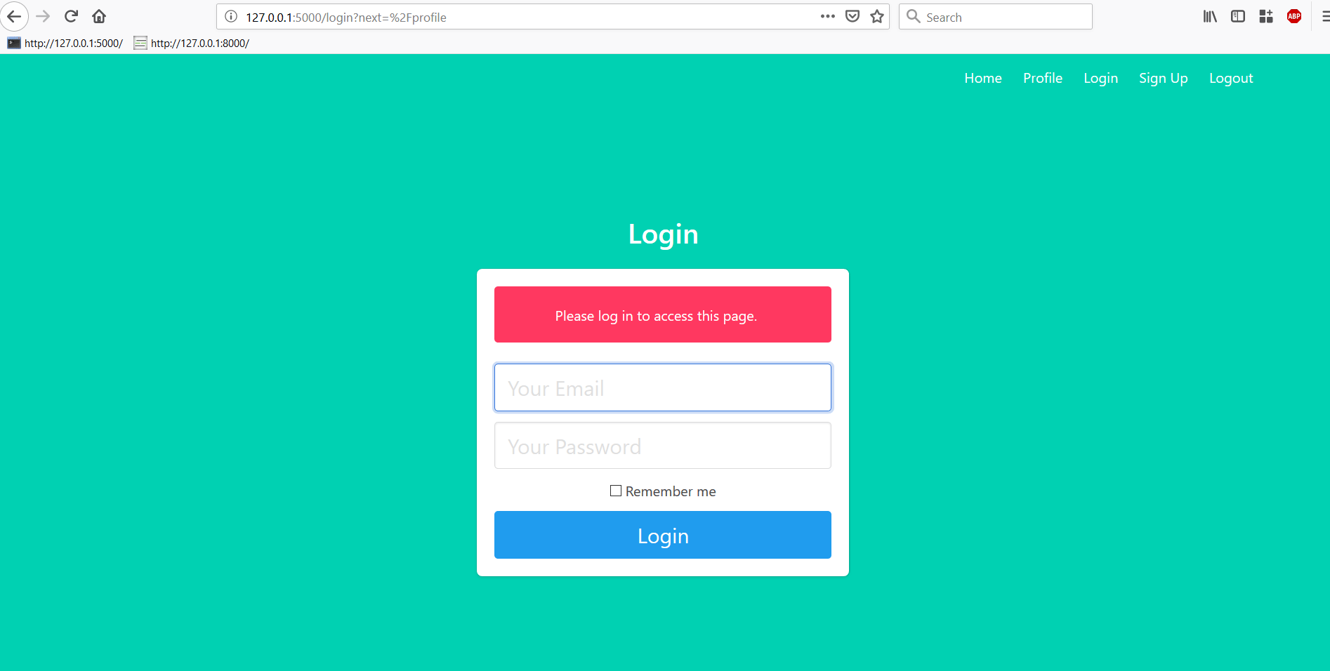 Login page with a message showing that user must log in to access page