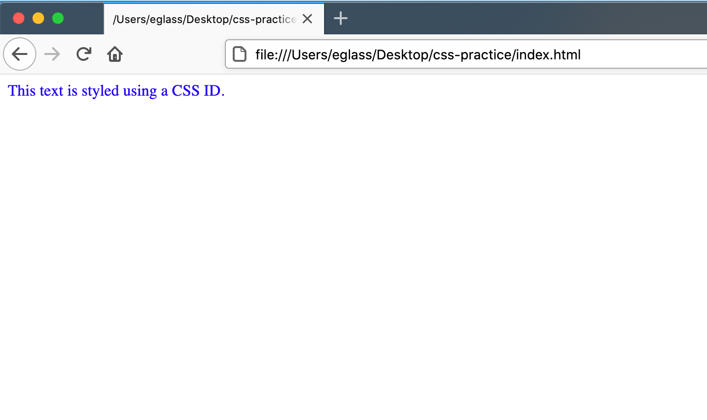 Webpage with text styled with a CSS ID
