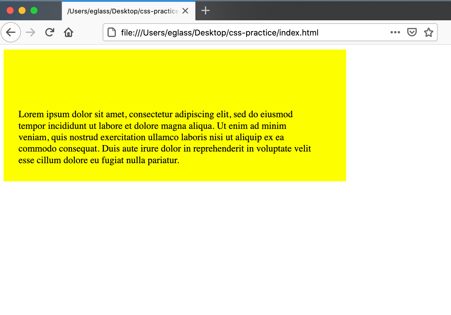 Webpage with a yellow <div> container with different padding values set for each side