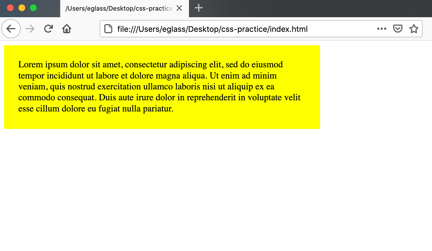 Webpage with a yellow  container with width and padding specified