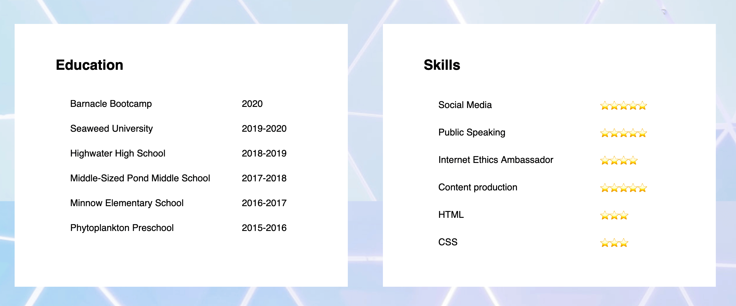 Education and Skills section of demonstration website