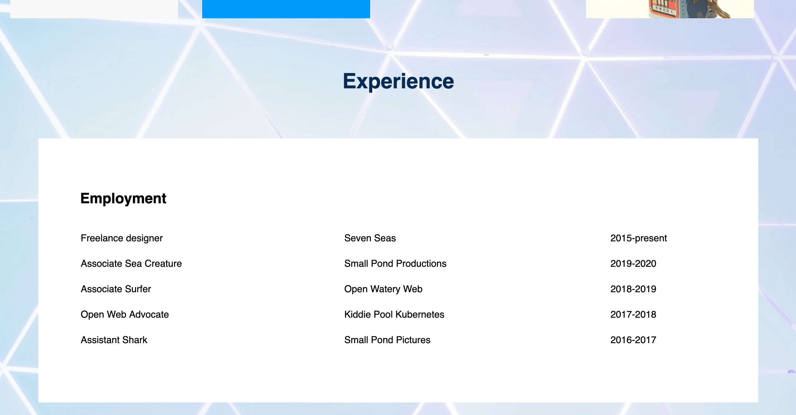 Employment section of demonstration website