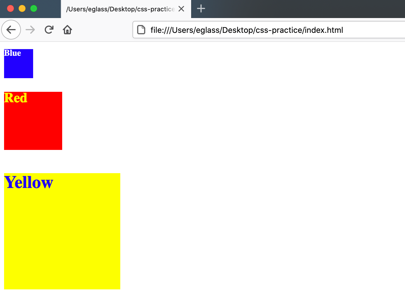 Webpage with styled header text inside <div> containers
