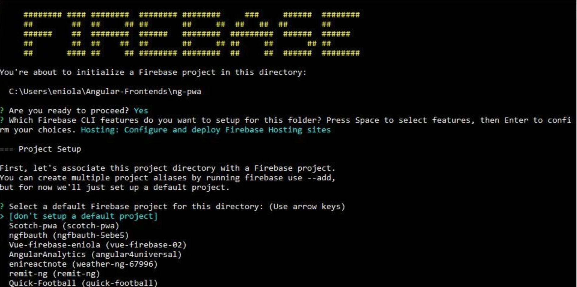 Firebase command line showing the mentioned choices
