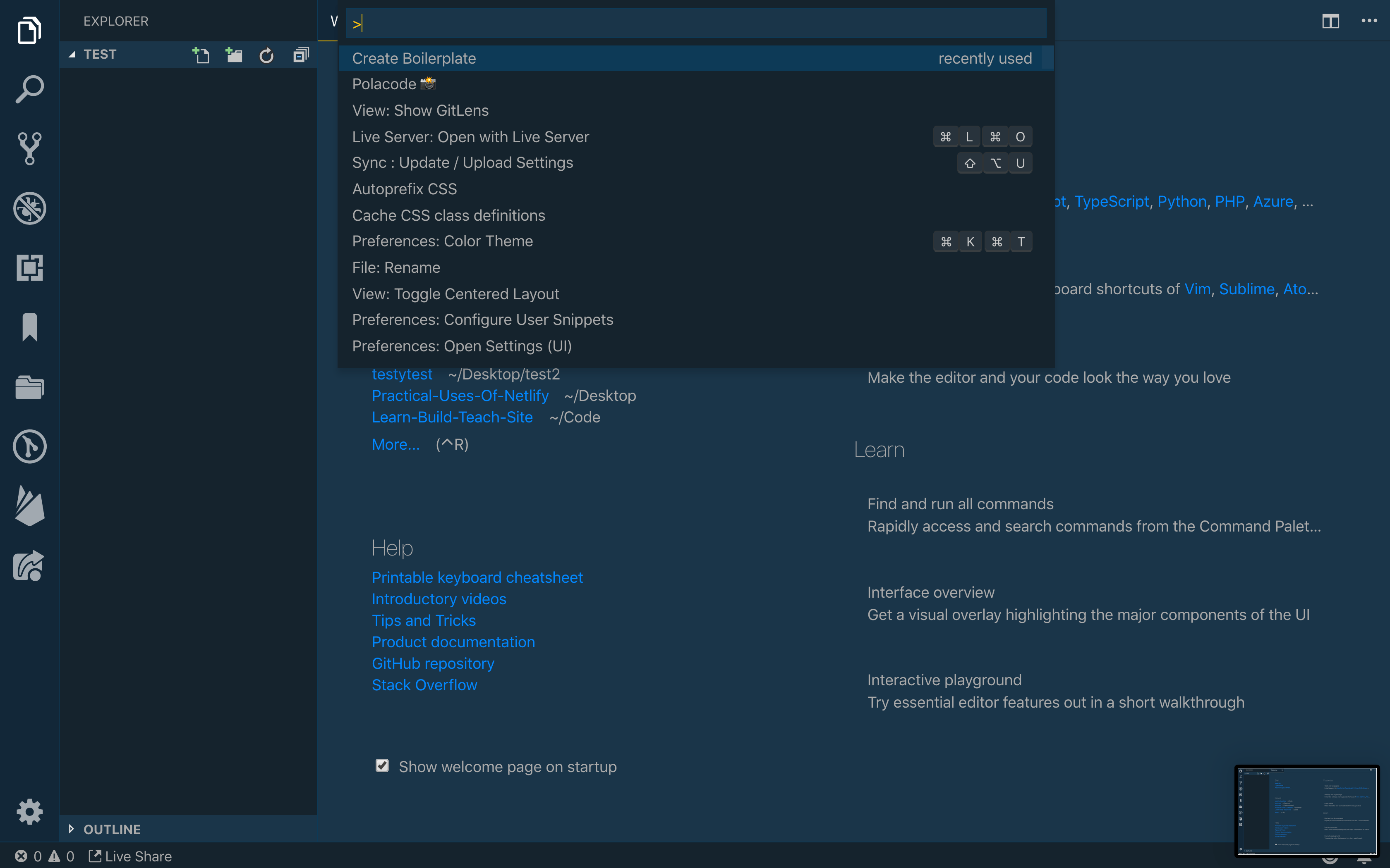 Running Create Boilerplate in the Command palette