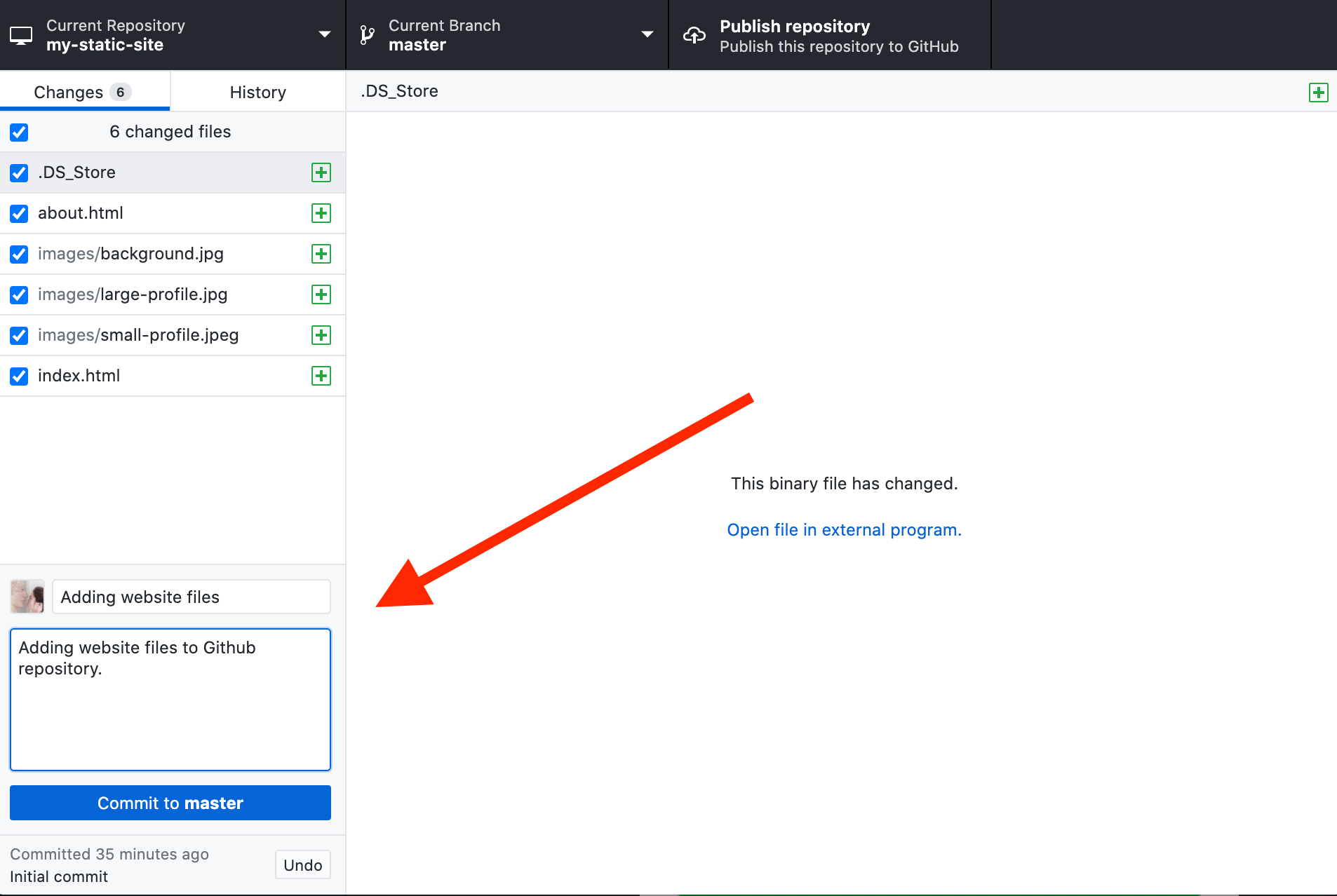 Image of where to add comment when committing files via the GitHub Desktop app